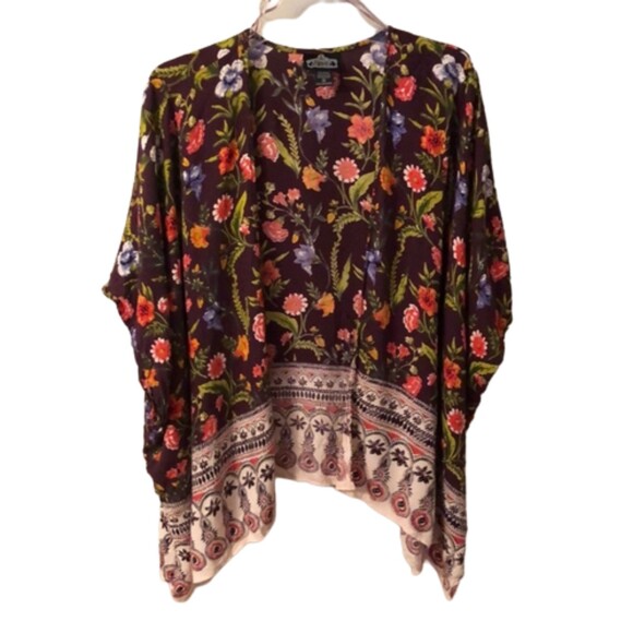 ANGIE SIZE M DARK PURPLE FLORAL RAYON OPEN FRONT SHORT SLEEVE KIMONO CARDIGAN - Picture 1 of 6